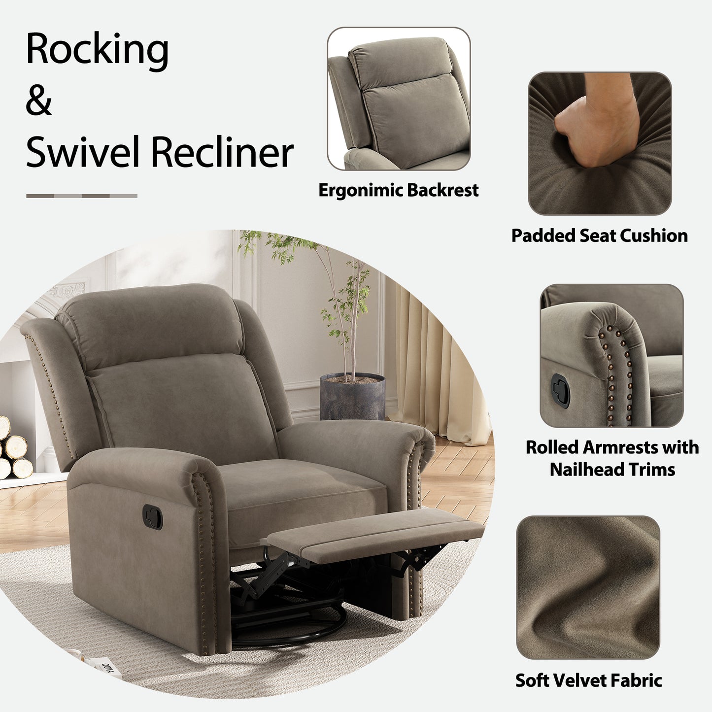 Nomae 360° Swivel Recliner Manual Rocking Recliner Home Theater Manual Recliner Chair