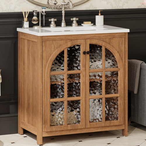 ‌Nexrail 31" Vintage Bathroom Vanity with Ceramic Sink, with Bronze Pulls and Tempered Glass