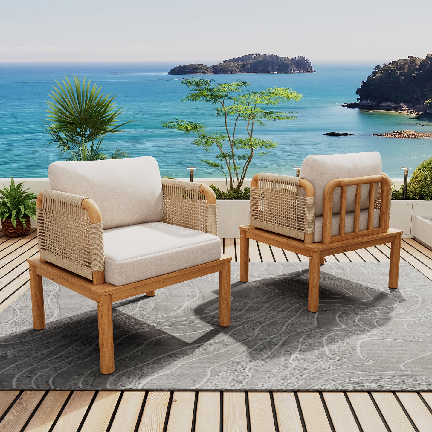 Linnea Outdoor Acacia Wood and Rope Club Chair with Cushions,Set of 2