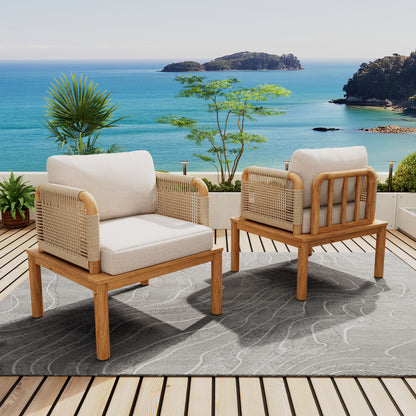 Linnea Outdoor Acacia Wood and Rope Club Chair with Cushions,Set of 2