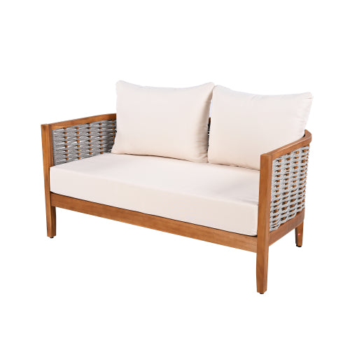 ThruBeam 2 Pieces Acacia Wood Patio Furniture Set, Loveseat with Woven Rope Table