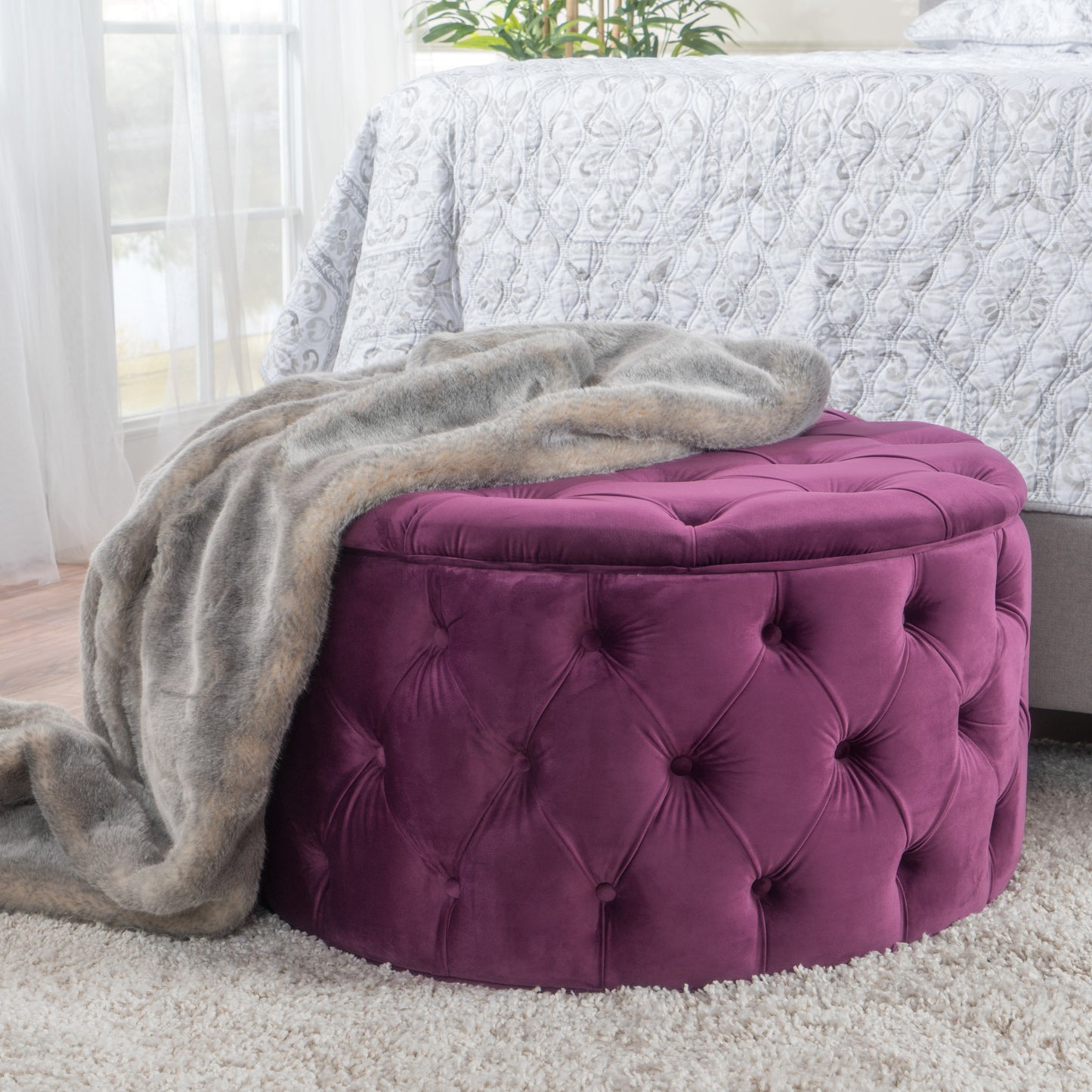 Solvista Velvet Button Tufted Stitched Round Footstool