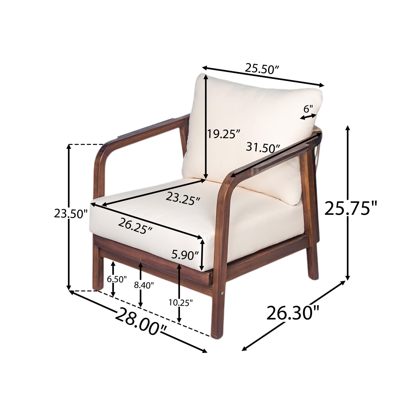 Lumozorette 28" Outdoor Lounge Chair with Backrest,Cushions and Curved Armrests