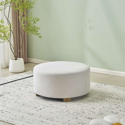 DIndou White Fabric Round Ottoman with Wooden Legs, Modern Minimalist Ottoman