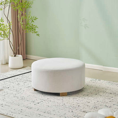 DIndou White Fabric Round Ottoman with Wooden Legs, Modern Minimalist Ottoman