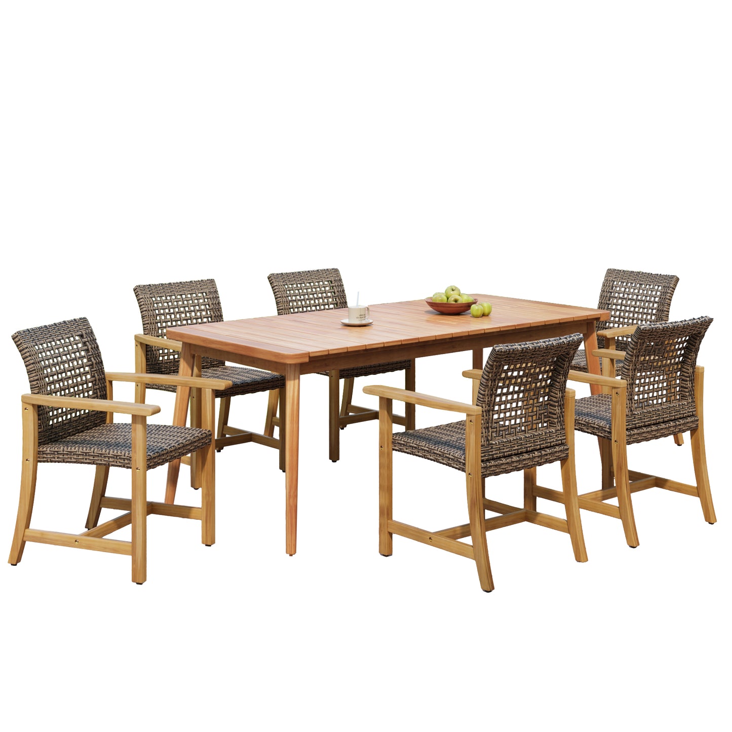 Hawk 7-Piece Patio Dining Set, 72" Slatted Table & 6 Acacia Wood & PE Rattan Chairs