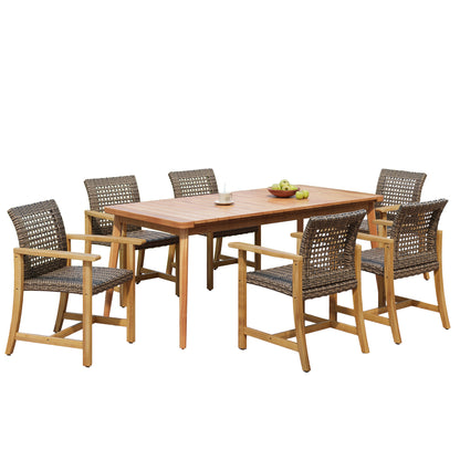 Hawk 7-Piece Patio Dining Set, 72" Slatted Table & 6 Acacia Wood & PE Rattan Chairs