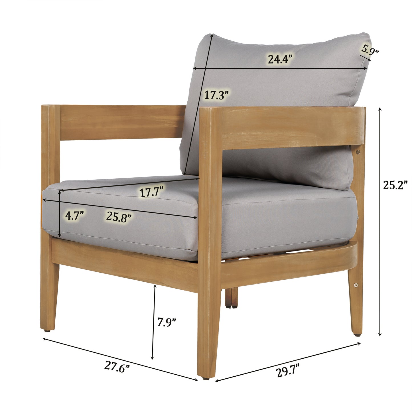 Burrough Outdoor Acacia Wood Club Chair with Removable Cushions for Porch, Garden