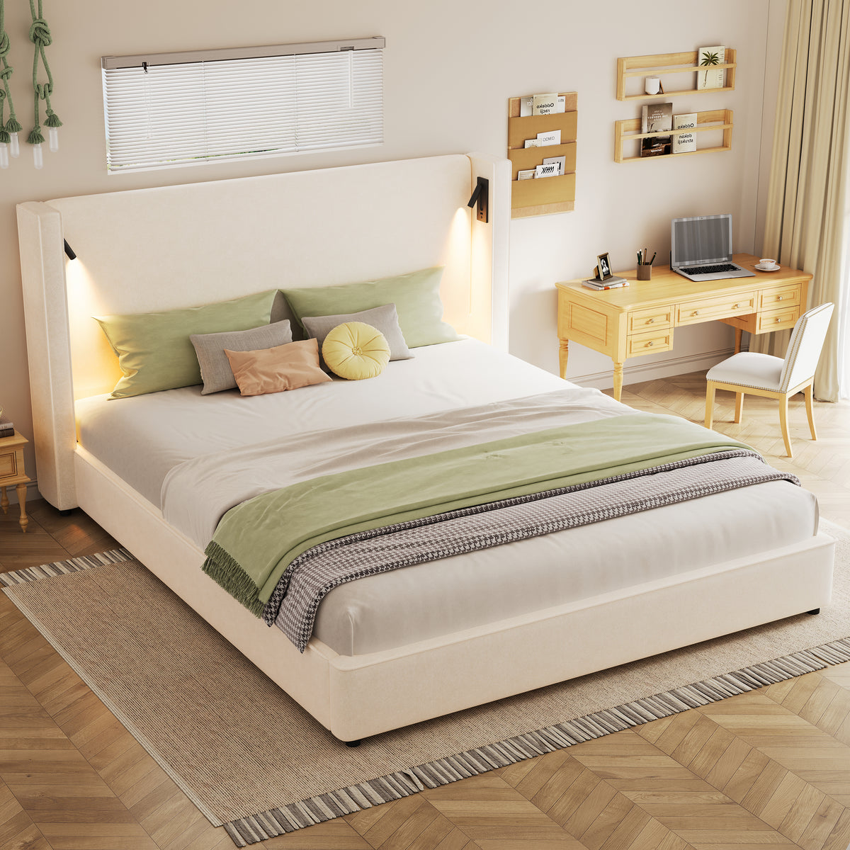 Armoire Hazel 49.20" H King Headboard Bed, Upholstered King Size Bed, Slats Panel Support Platform, No Spring Box Needed, Wingback Headboard with Reading Lamps and USB, Beige