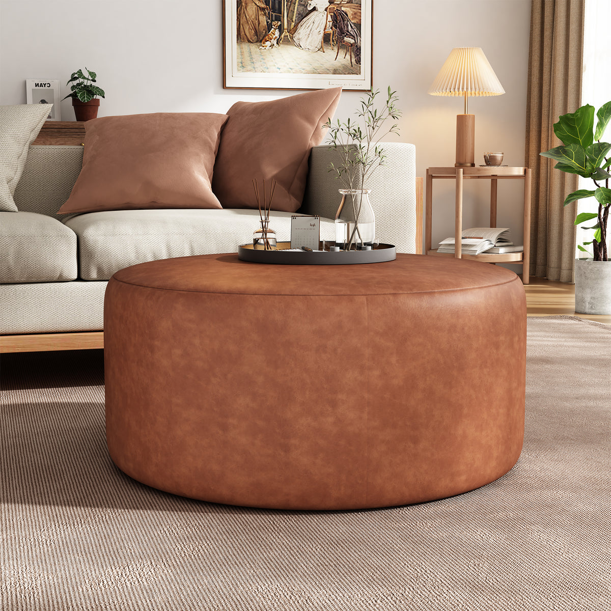 Placidity GAVI PU Leather Ottoman Foot Stool, 30" Pouf Footstool Ottoman Seat, Upholstered Foot Chair, Round Footrest, Modern Side Table for Living Room Bedroom Home Decor, Cognac Brown