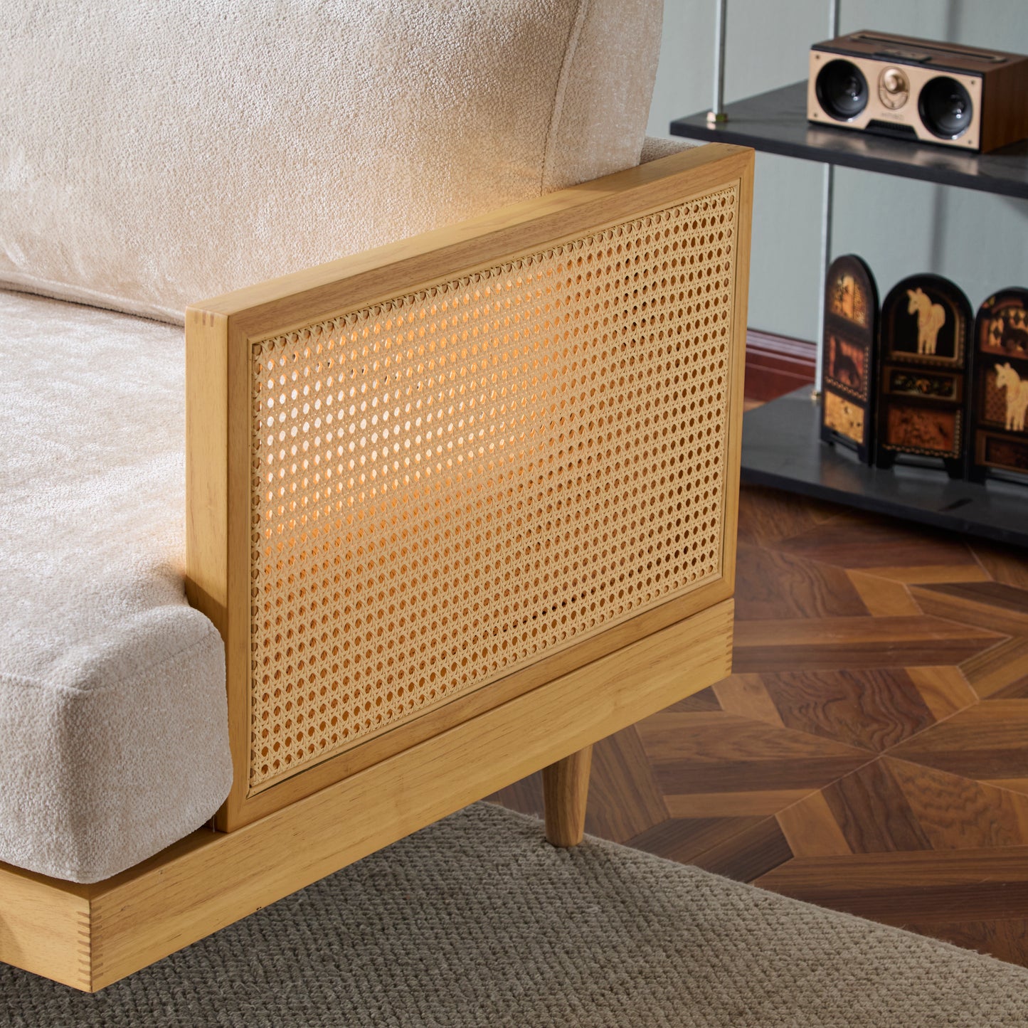 EMIR 72" Square Arm 3-Seater Sofa with Cane Rattan and Wooden Frame