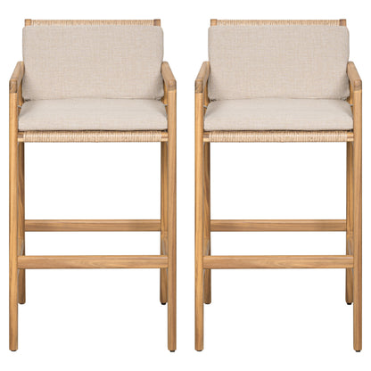 Yliraeth Wood Outdoor Barstool, Teak Finished Wood with Beige Cushion, Set of 2