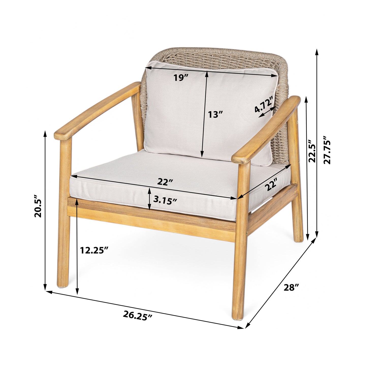 Cameole Outdoor Wood Patio Club Chair,with Woven Rope Backrest，Set of 2