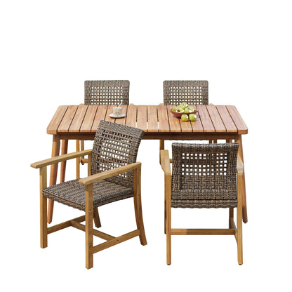Hawk 5-Piece Patio Dining Set, 63" Slatted Table & 4 Acacia Wood & PE Rattan Chairs