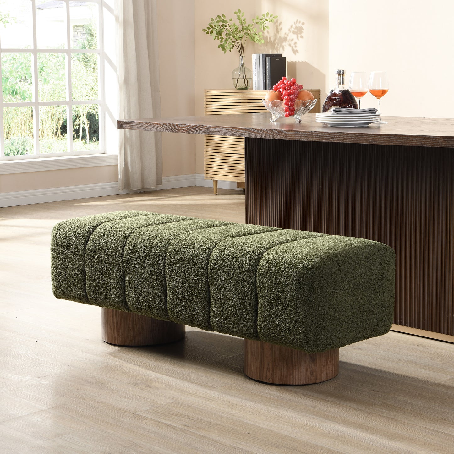 Sylithar Chenille Fabric Upholstered Dining Bench, End of Bed Entryway Bench Ottoman