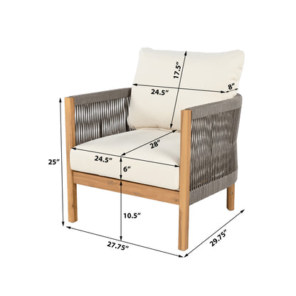 Fernver Ourdoor Woven Rope Patio Acacia Wood Club Chair, With Cushion