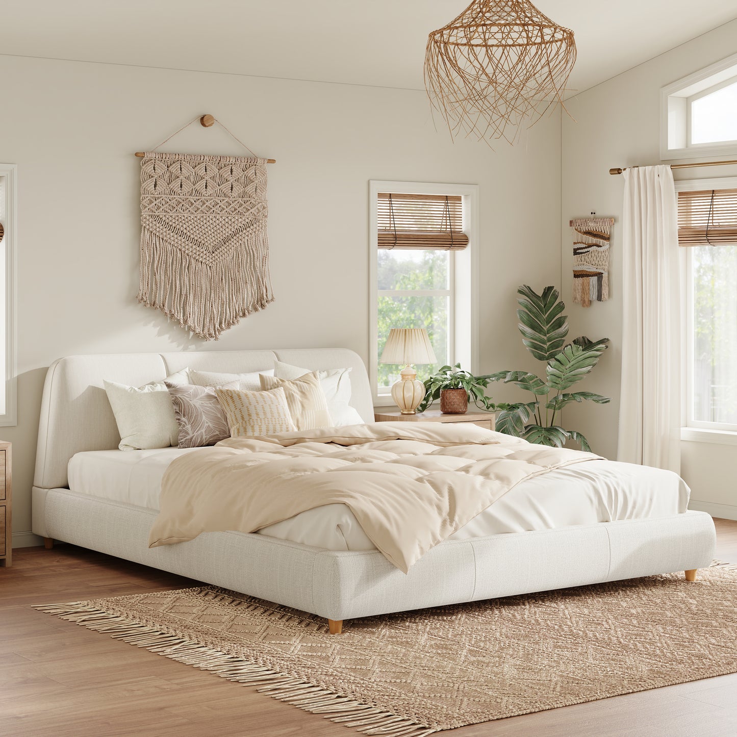 Jonah Modern Upholstered Bed Frame with Linen Fabric and Solid Wood Legs, White