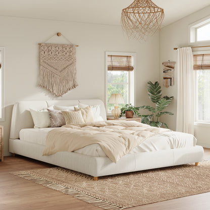 Jonah Modern Upholstered Bed Frame with Linen Fabric and Solid Wood Legs, White