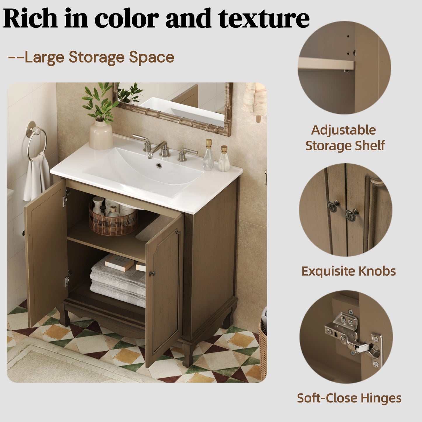 Orion 30" Vintage Bathroom Vanity with Ceramic Sink, Bathroom Vanity Cabinet,Antique Brown