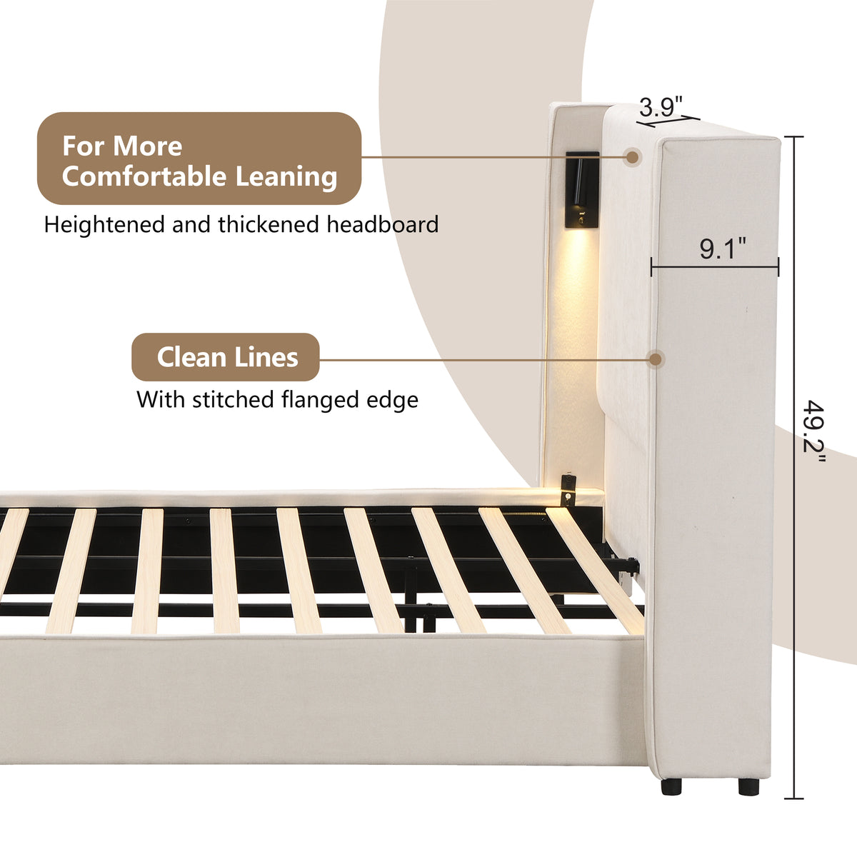 Armoire Hazel 49.20" H King Headboard Bed, Upholstered King Size Bed, Slats Panel Support Platform, No Spring Box Needed, Wingback Headboard with Reading Lamps and USB, Beige