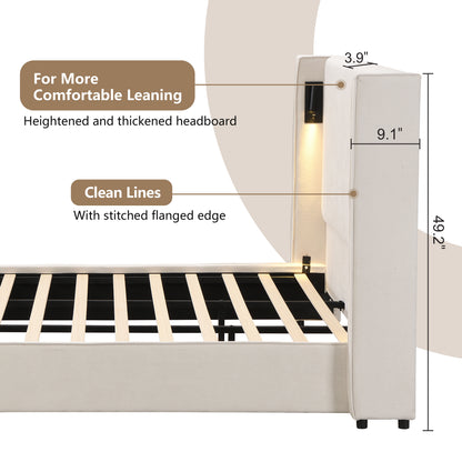 Catharsis 49.20" H King Headboard Bed, Upholstered King Size Bed, Slats Panel Support Platform, No Spring Box Needed, Wingback Headboard with Reading Lamps and USB, Beige Visit the Christopher Knight Home Store