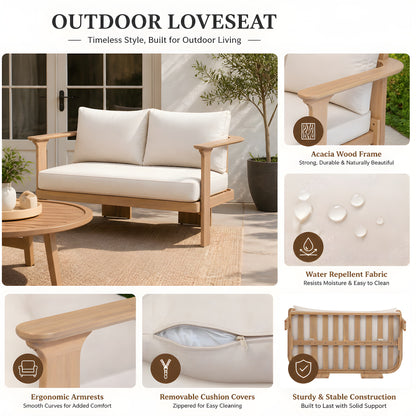 Scintilla Acacia Wood Outdoor Loveseat with Coffee Table, 2 Pcs Patio Furniture Set with Water Repellent Beige Cushions, Brown Frame, Ideal for Backyard Porch Balcony Deck