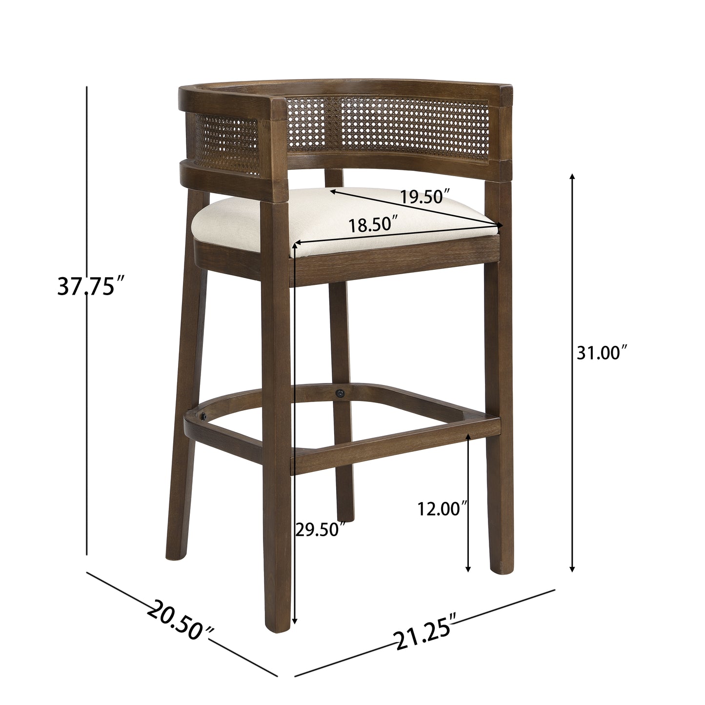 Tiberius Wood And Rattan Upholstered Arm Bar Stools,Set of 2