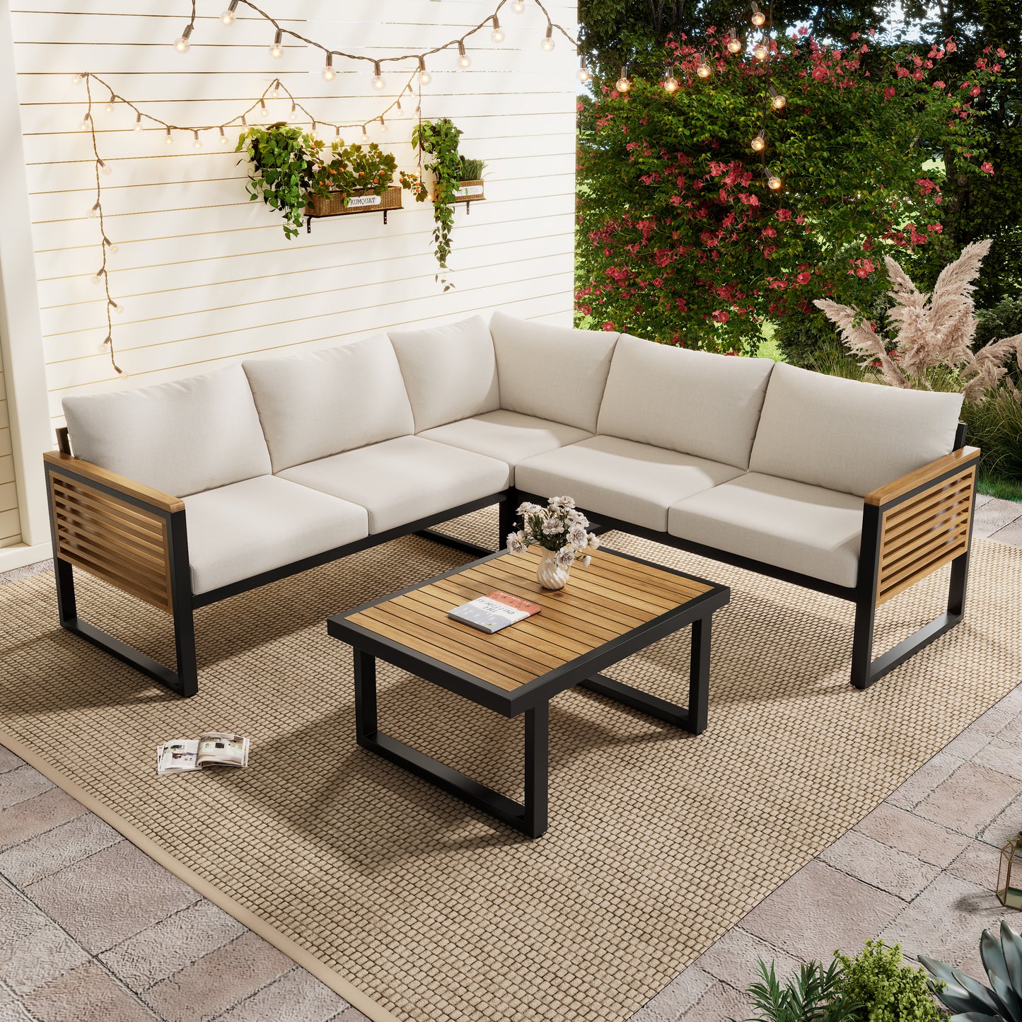 Ezra Outdoor 4-piece Acacia Wood and Metal Patio Sofa Corner Set