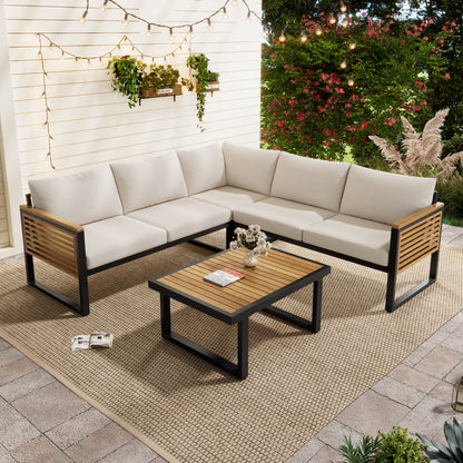 Ezra Outdoor 4-piece Acacia Wood and Metal Patio Sofa Corner Set