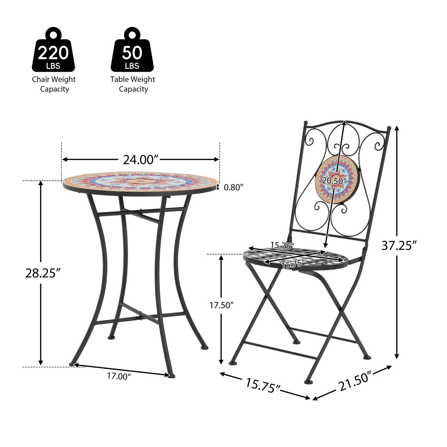 Eamone Outdoor Patio Chat Set, Ceramic Tile, Iron