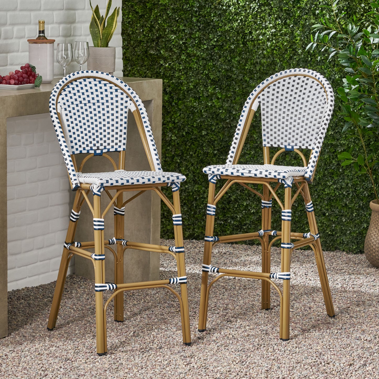 Altocanin 29.5" Outdoor PE Rattan French Barstool, White and Blue(Set of 2)