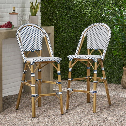 Altocanin 29.5" Outdoor PE Rattan French Barstool, White and Blue(Set of 2)