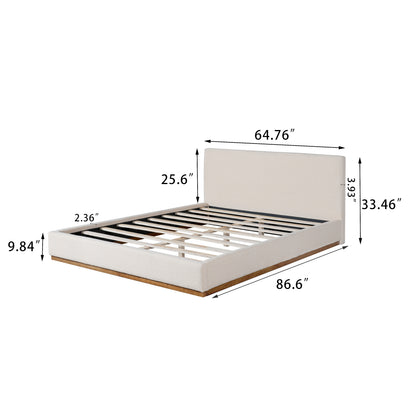Tulae Elegant White Fabric Upholstered Bed, Wood Grain Textured,Solid Wood Base Frame