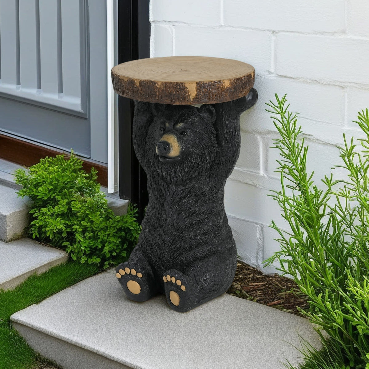 Propinquity Blitz Bear Outdoor Side Table, MGO Bear Statue with Display Tabletop, Hand Painted Sculpture, Cute Small End Table for Indoor/Outdoor, No Assembly Required, Black + Brown