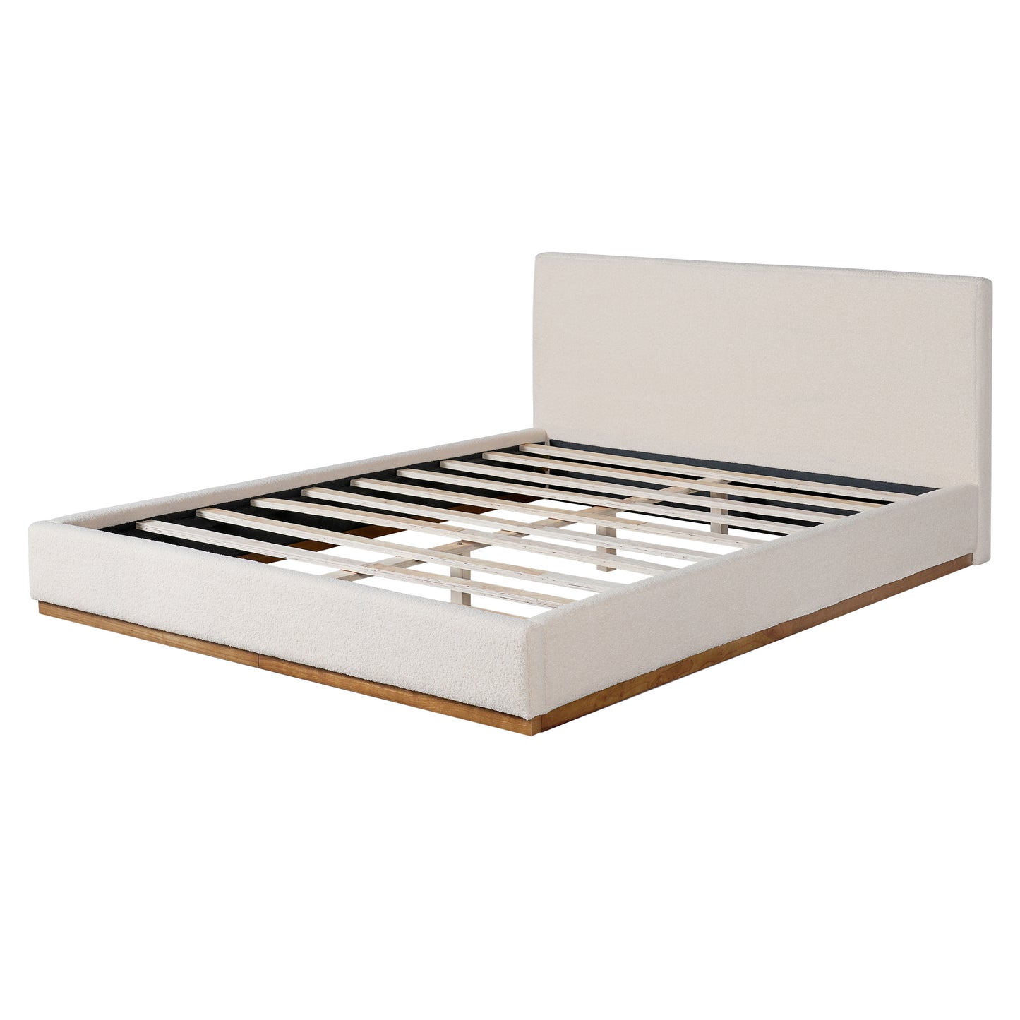 Tulae Elegant White Fabric Upholstered Bed, Wood Grain Textured,Solid Wood Base Frame