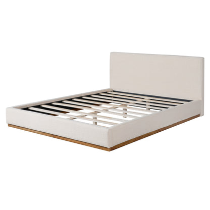 Tulae Elegant White Fabric Upholstered Bed, Wood Grain Textured,Solid Wood Base Frame