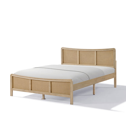 Ravosilor Curved Wooden Bed Frame with Nature Rattan Headboard&Footboard