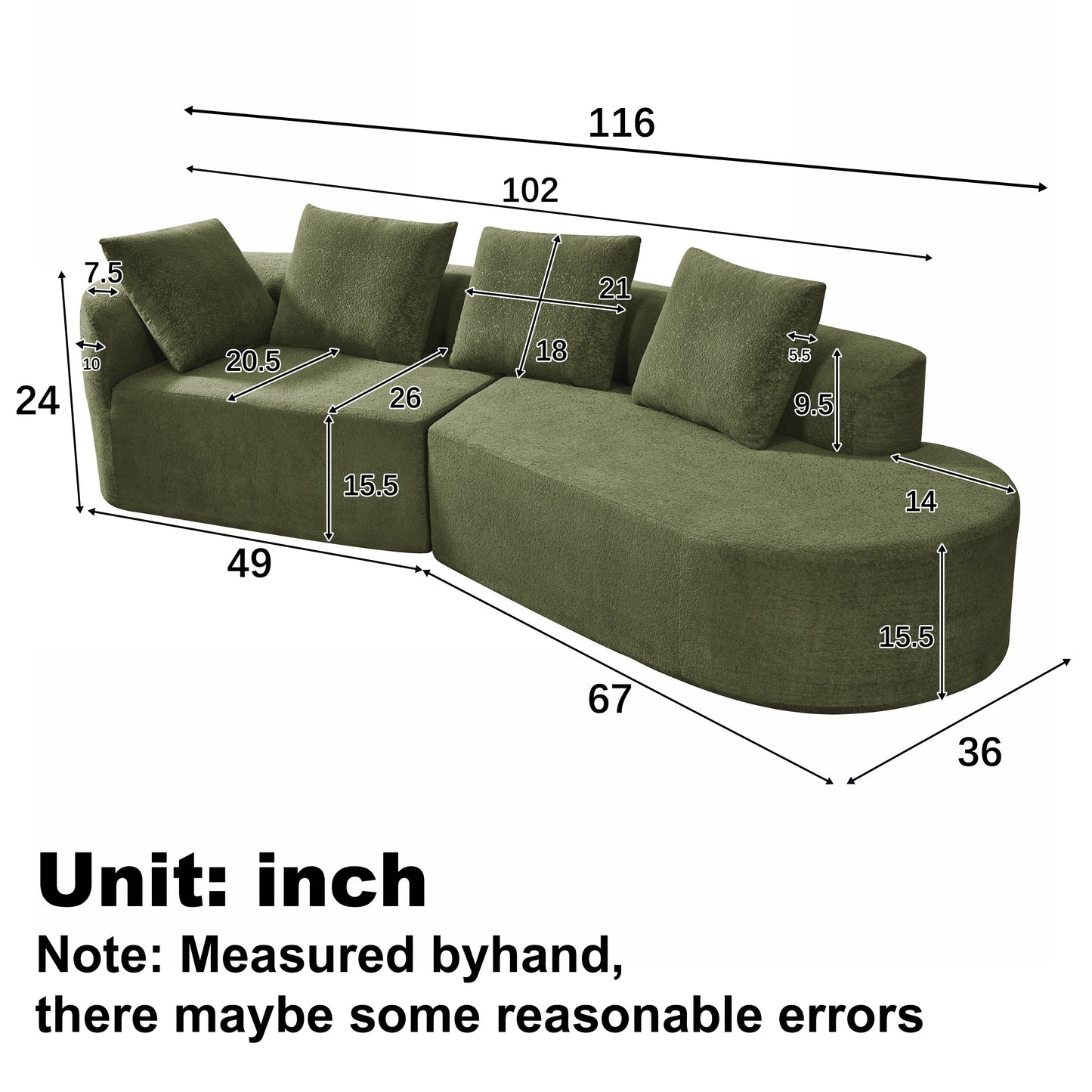 Orellar 116" Modern Curved Sectional Sofa with High-Density Fully Compressed Sponge and Chaise Lounge, Pearl Upholstery