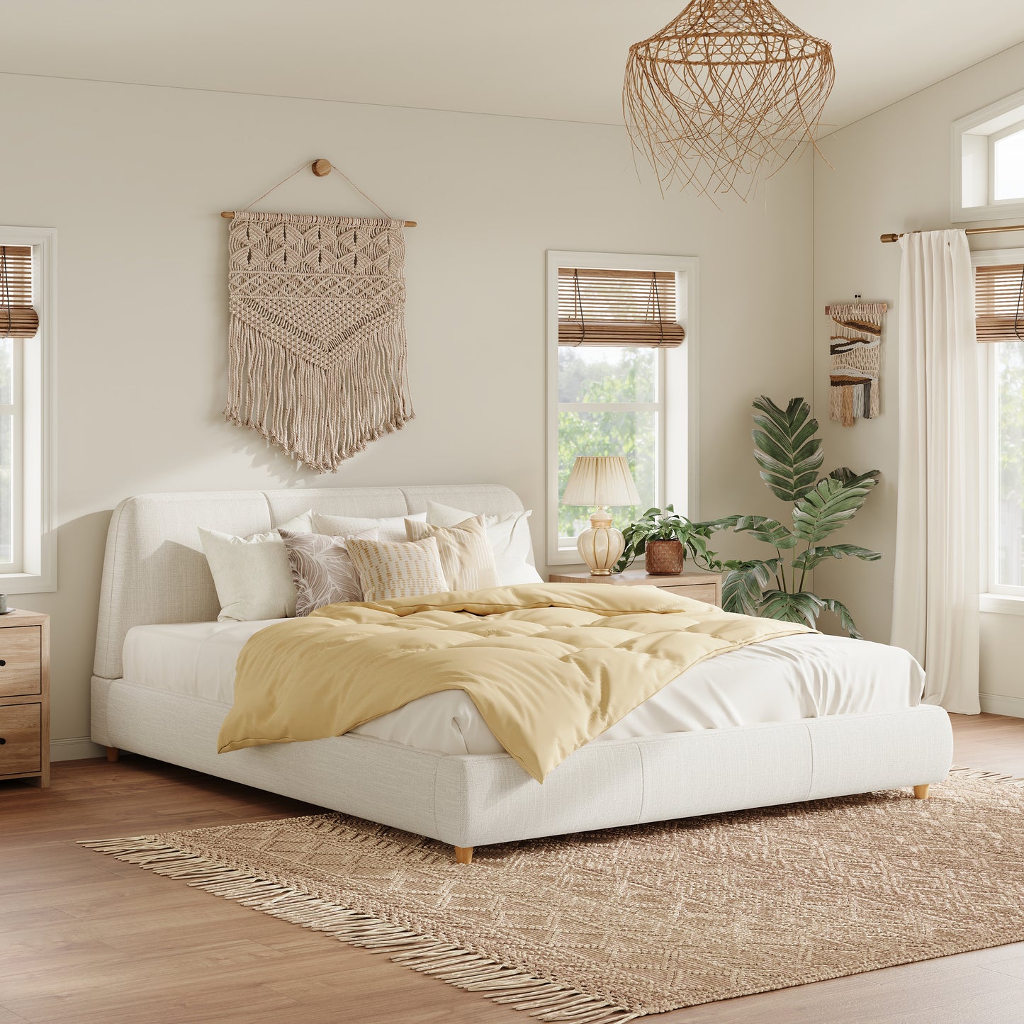 Jonah Modern Upholstered Bed Frame with Linen Fabric and Solid Wood Legs, White