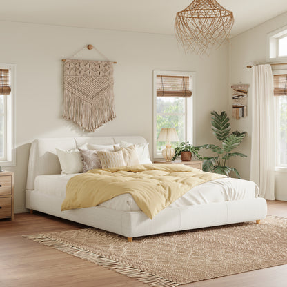 Jonah Modern Upholstered Bed Frame with Linen Fabric and Solid Wood Legs, White