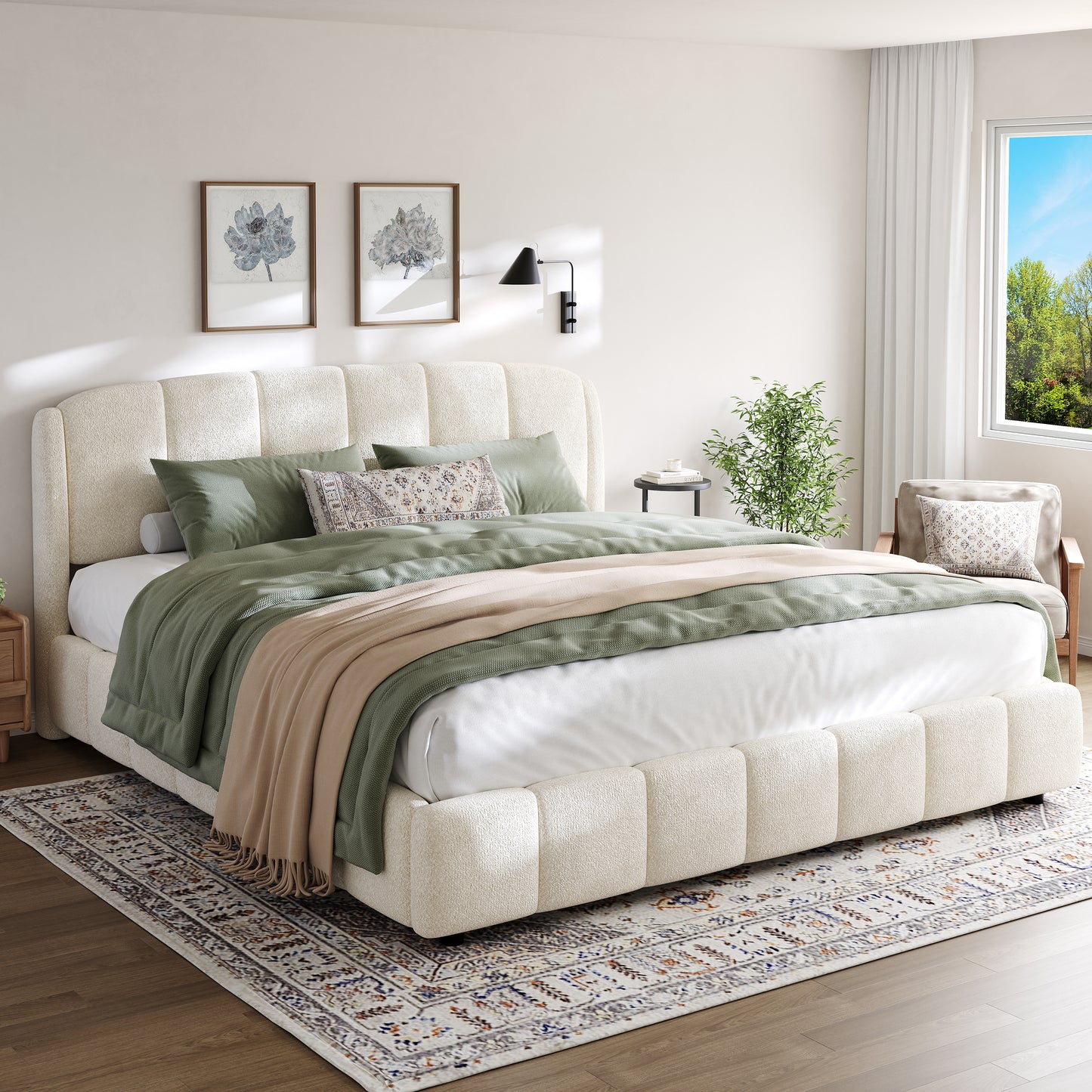 Florian Platform Bed, Soft Boucle Fabric Upholstered Platform bed with Curve-Shaped Design Headboard