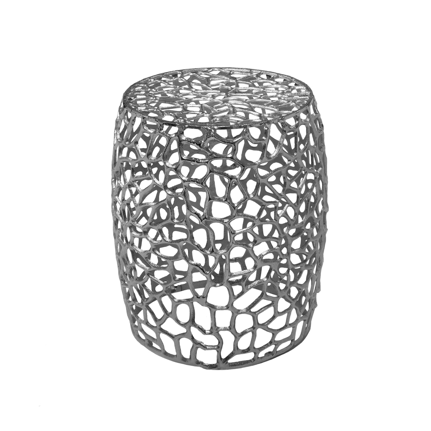 Saga Aluminum Drum hollow End Table with Intricate Design