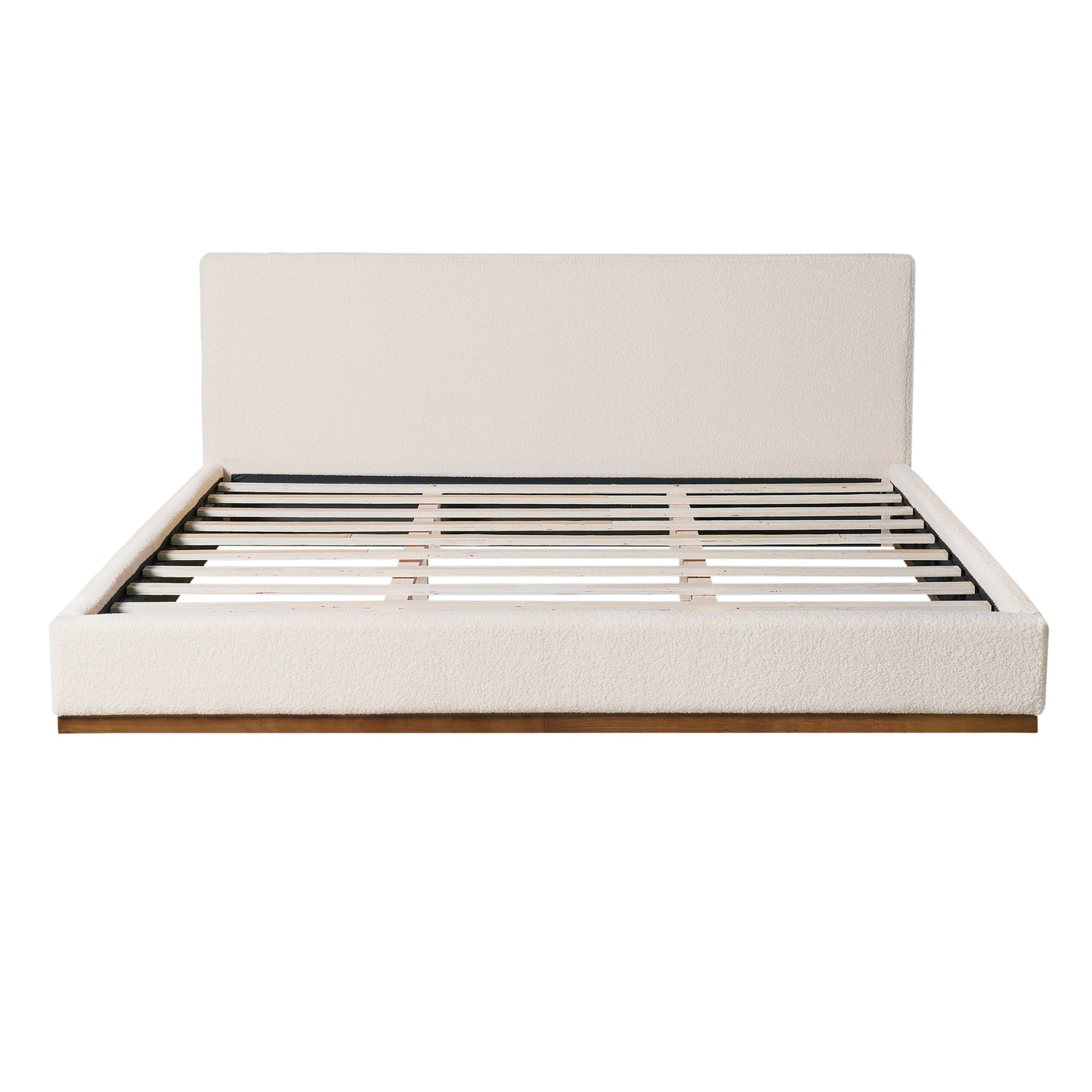 Tulae Elegant White Fabric Upholstered Bed, Wood Grain Textured,Solid Wood Base Frame