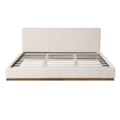 Tulae Elegant White Fabric Upholstered Bed, Wood Grain Textured,Solid Wood Base Frame