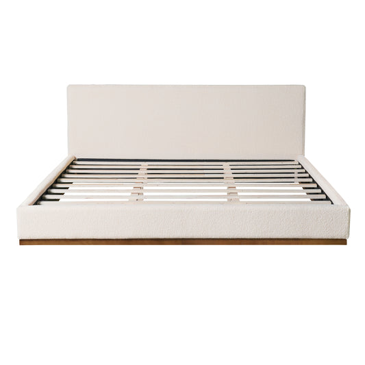 Tulae Elegant White Fabric Upholstered Bed, Wood Grain Textured,Solid Wood Base Frame