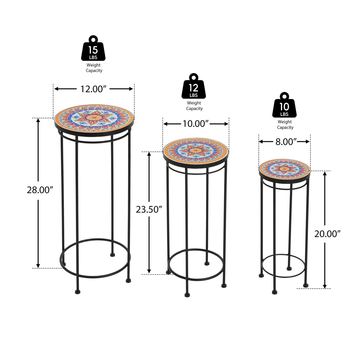 Caius Outdoor Patio Plant Stands, Ceramic Tile, Iron, Set of 3