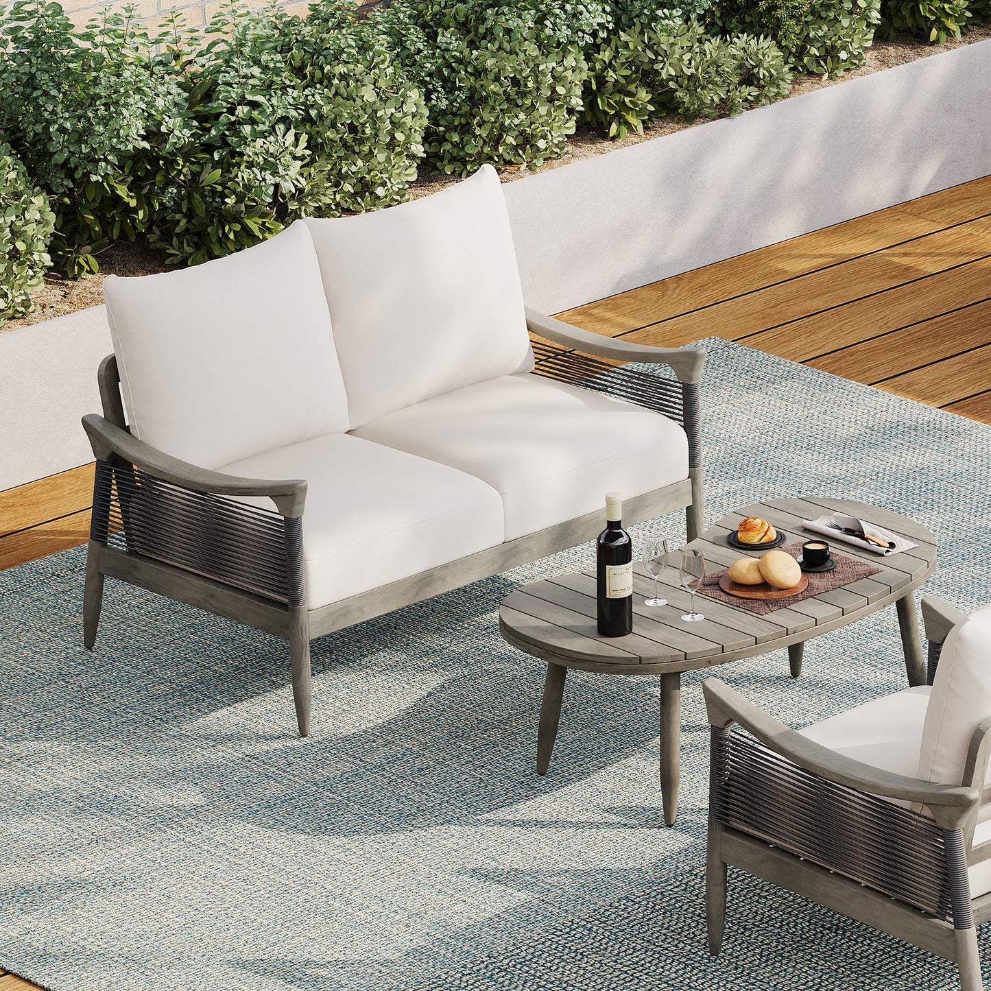 Brsin Outdoor Patio Seating Group,Woven Rope Loveseat with Cushions and Coffee Table