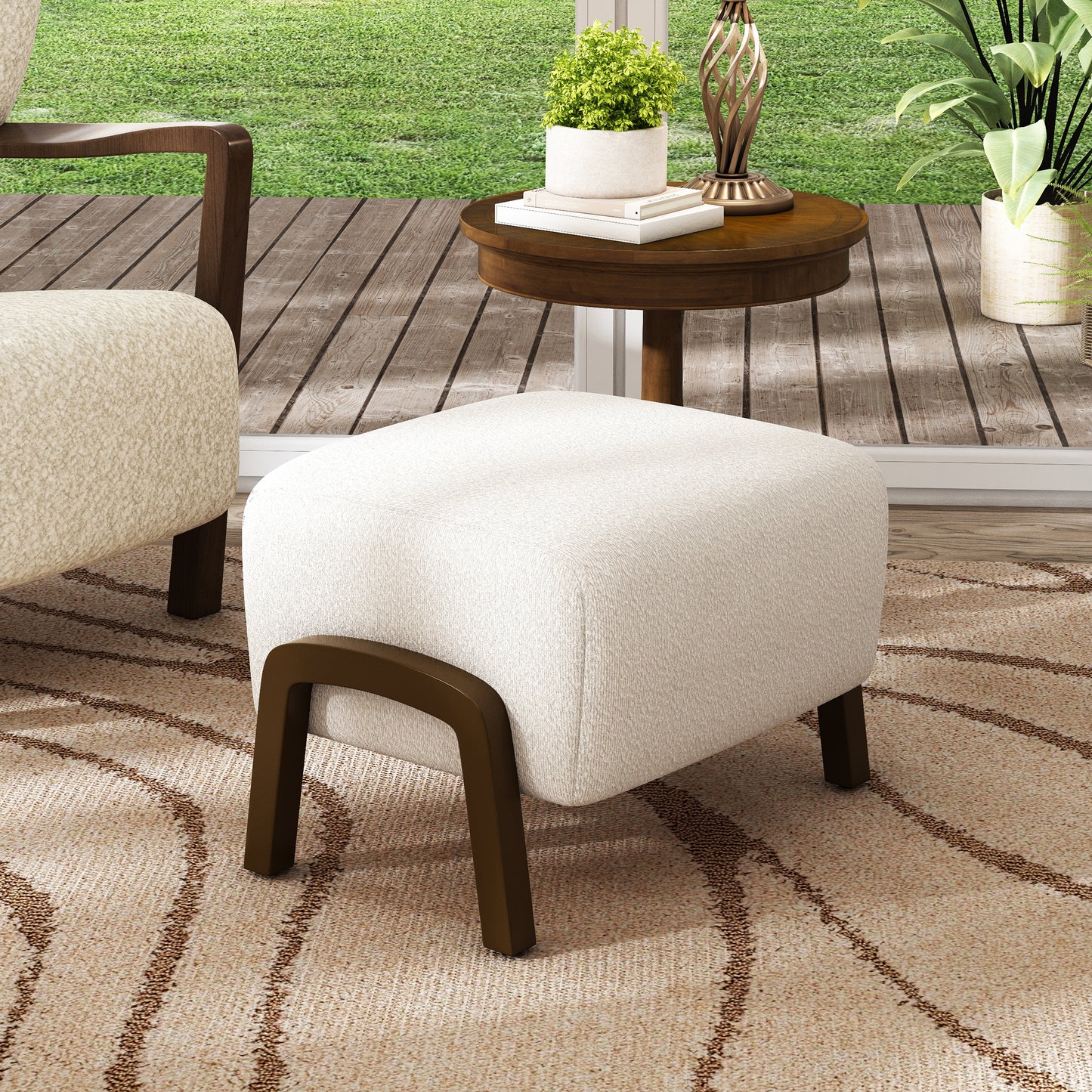 Sorena Upholstered Ottoman, Wooden Legs, White, Boucle