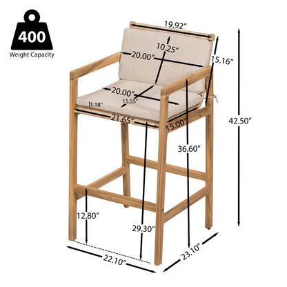 Yliraeth Wood Outdoor Barstool, Teak Finished Wood with Beige Cushion, Set of 2