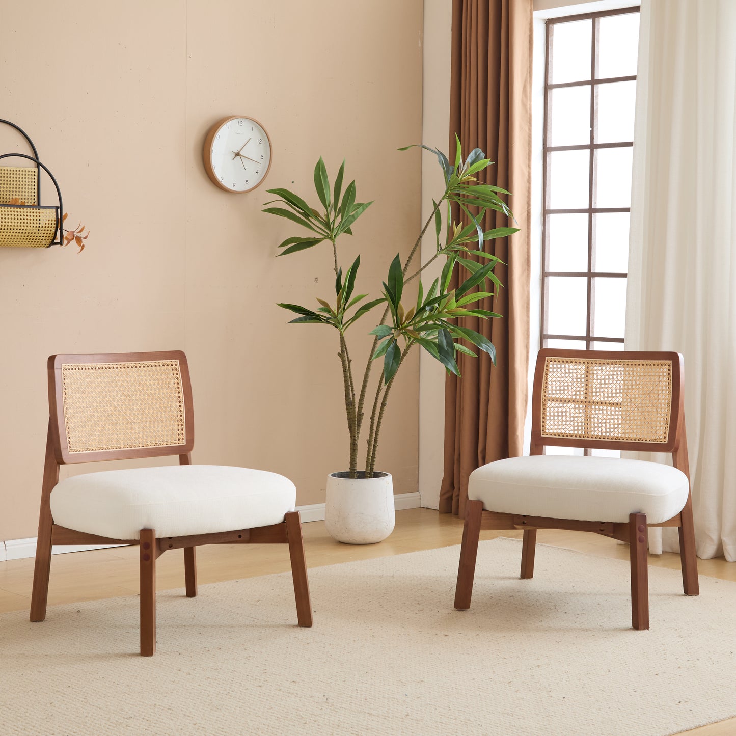 Aphex Modern Beige Lounge Chair with Woven Backrest, Sturdy Wooden Frame,Set of 2